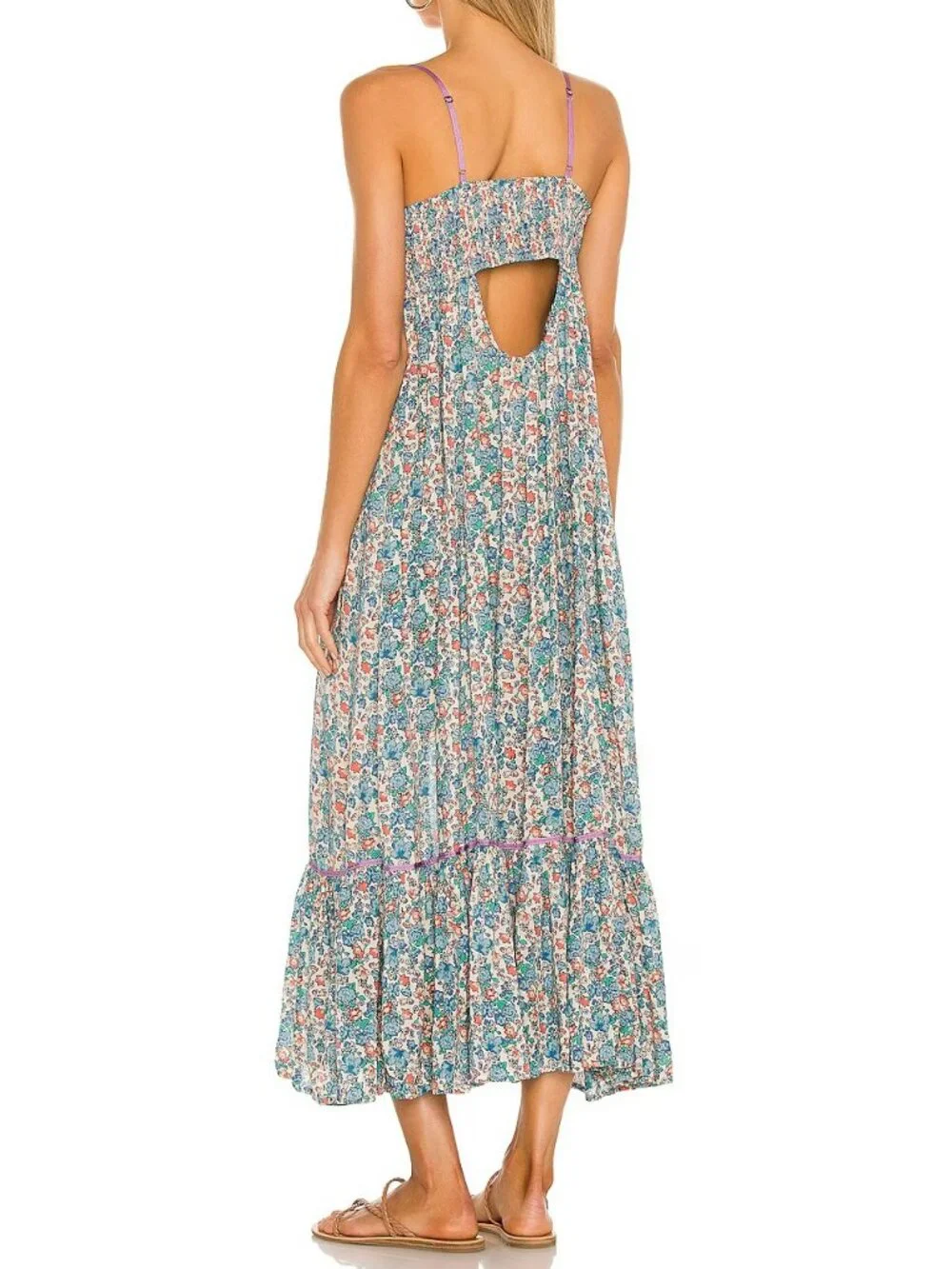 Free People Molly Jo Midi Dress Smocked Blossom Combo Blue Bohemian Size L - Picture 12 of 13